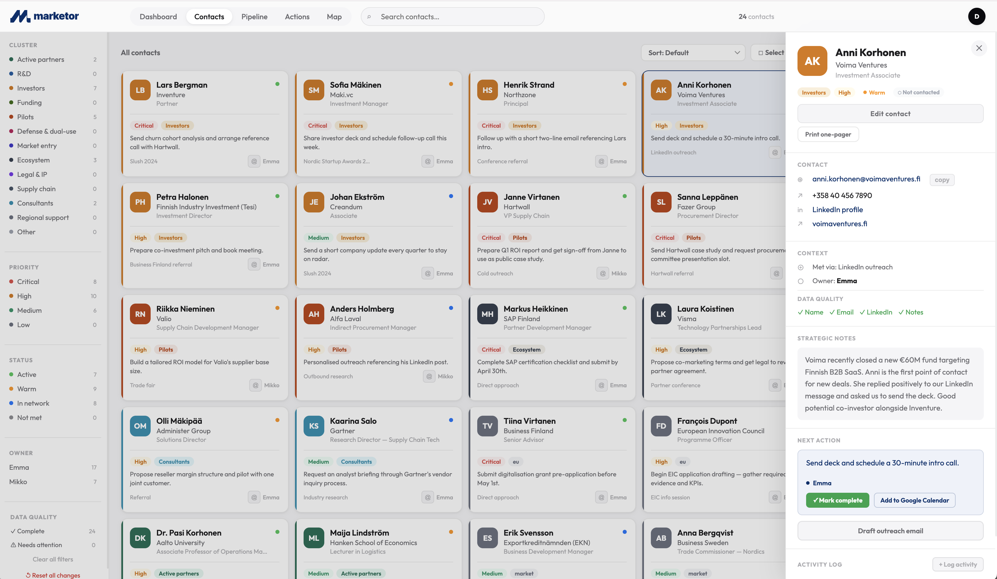 Marketor CRM contact grid showing all relationships