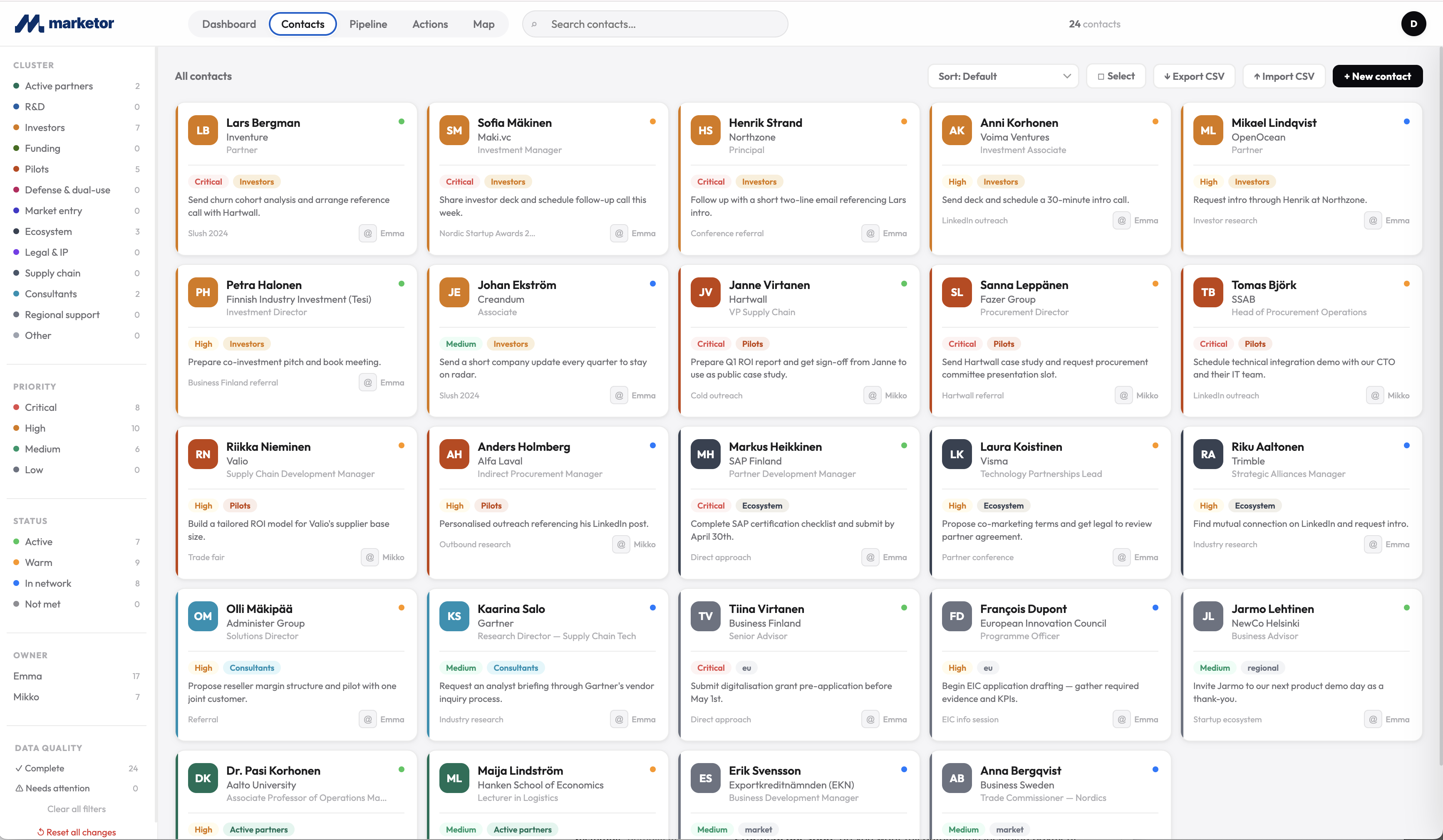 Contact detail panel showing notes, next action and activity log